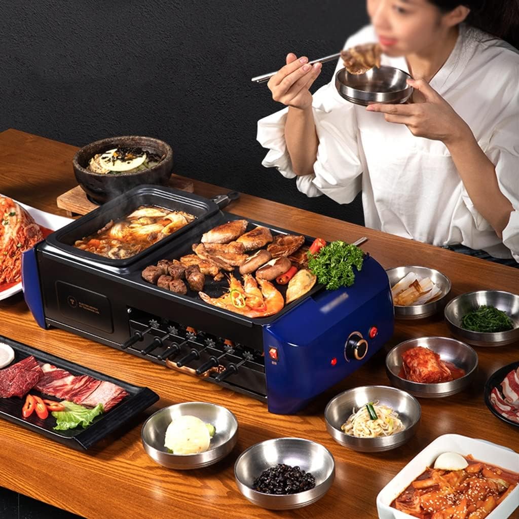 hot Pot Smokeless Electric Barbecue Grill Hot Pot Integrated Household Barbecue Pot Automatic Rotation Worry-Free Skewers stockpots (Color : Blue)