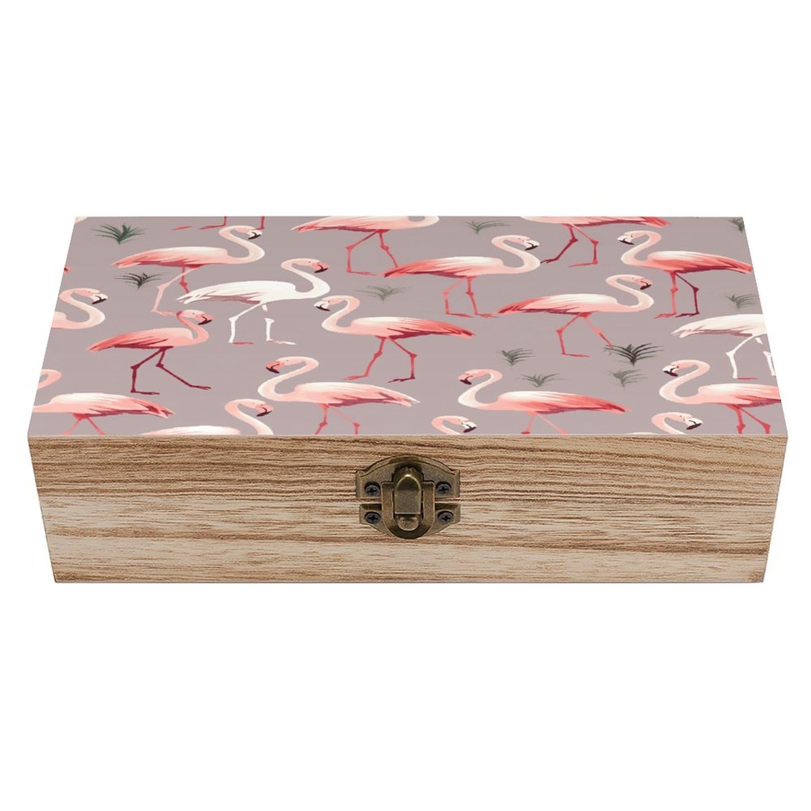 VstaDank Pink Flamingo Pattern Wooden Storage Box with Hinged Lid Natural Wooden Box Beautifully Keepsake Boxes Vintage Wood Boxes Jewelry Organizer Trinket Storage Chest Unique Gift