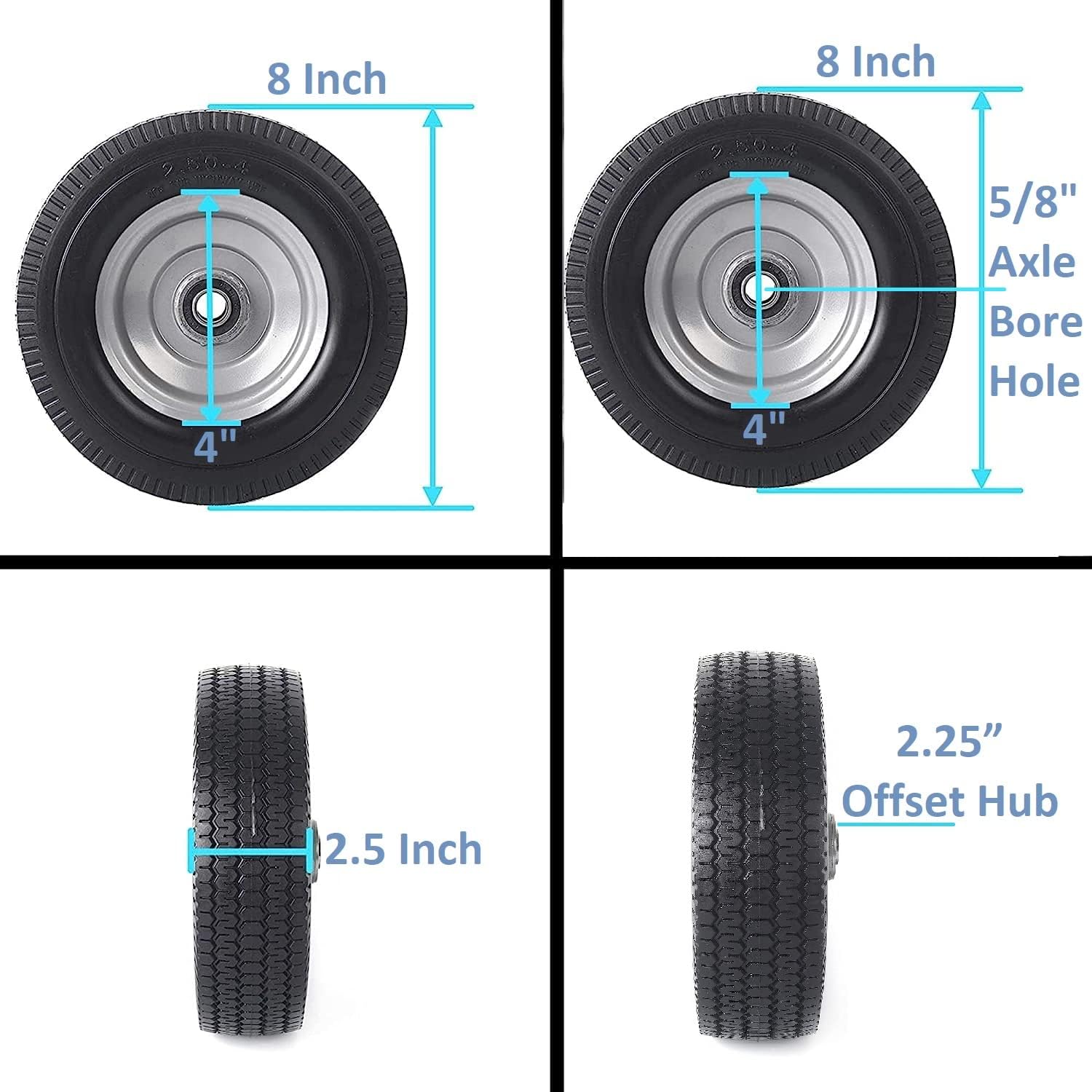 (2-Pack) 2.50-4” Solid PU Run-Flat Tire Wheel Assemblies - 8” Flat Free Tubeless Tires and Wheels for Utility Equipment - 5/8” Axle Bore Hole, 2 1/4” Offset Hub, and Double-Sealed Ball Bearings
