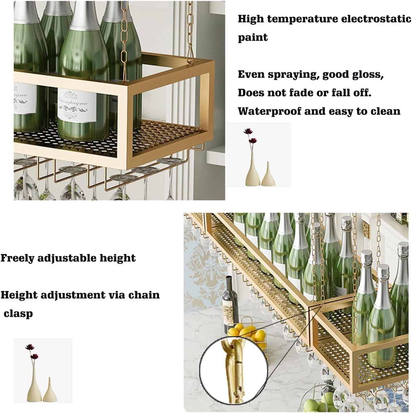 Ceiling Wine Rack with Chain - Hanging Plant Stand, Upside Down Wine Glass Holder, Bar Wrought Iron Floating Shelf, Restaurant Metal Storage Rack, Easy to Install, Can Bear 70-90kg