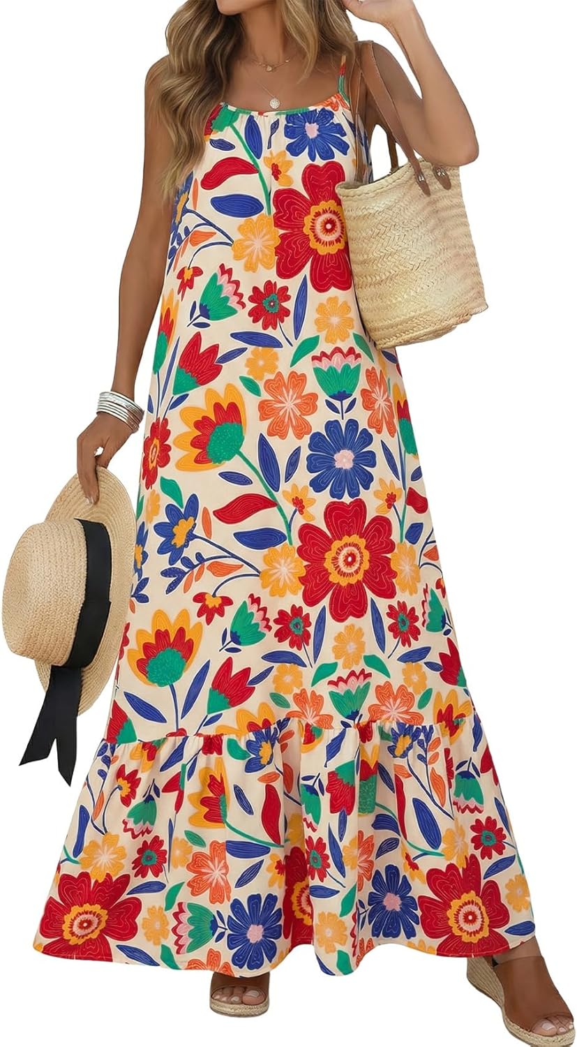 Dokotoo Women Summer Dresses 2026 Spaghetti Strap Scoop Neck Smocked Ruffle Flowy Boho Maxi Dress - Image 5