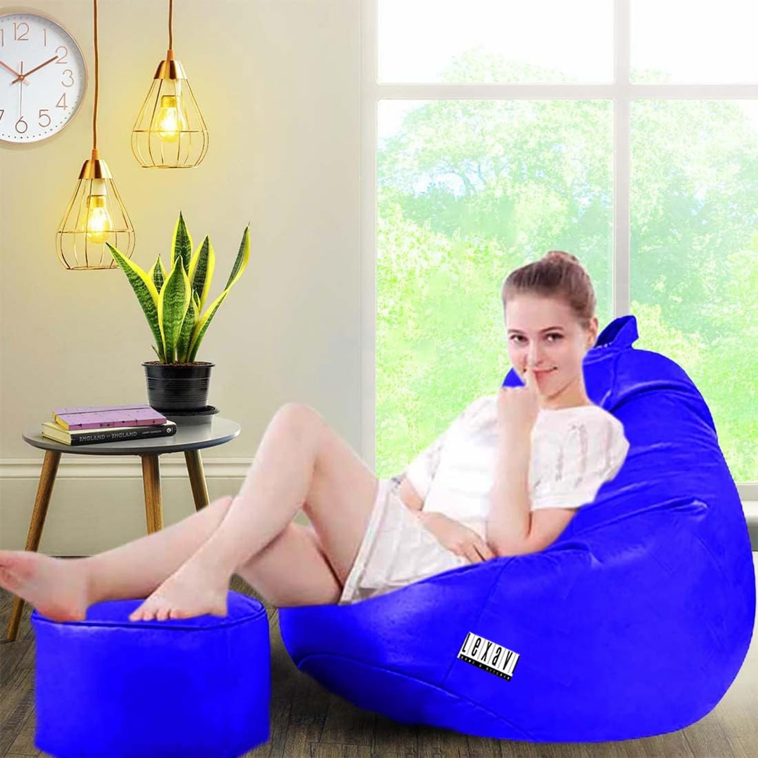 LEXAVI Brand Origial Faux Leatherette| 6 Month Warranty | Quality 4XL Bean Bag with Footrest & Comfy Cushion Filled with Beans (Ready to Use) Special for Corporate & New Year Gifts (Royal Blue)