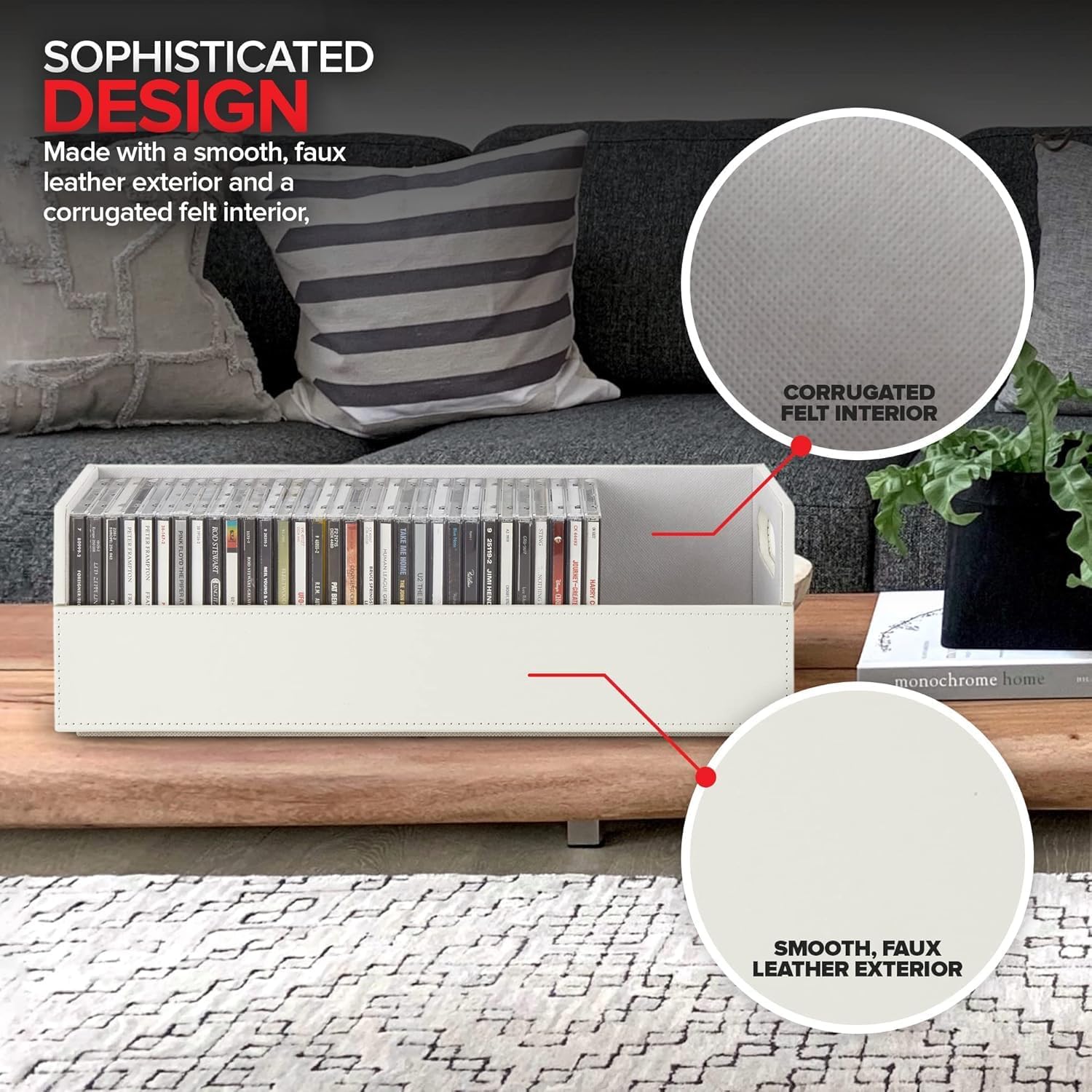 Stock Your Home 2- Pack CD Storage Box, Organizer Shelf for Movie Cases, DVDs, Cassette Tape Display Stand, Disc Holder Can Store Up to 40 CDs, Faux Leather (White with White Interior)