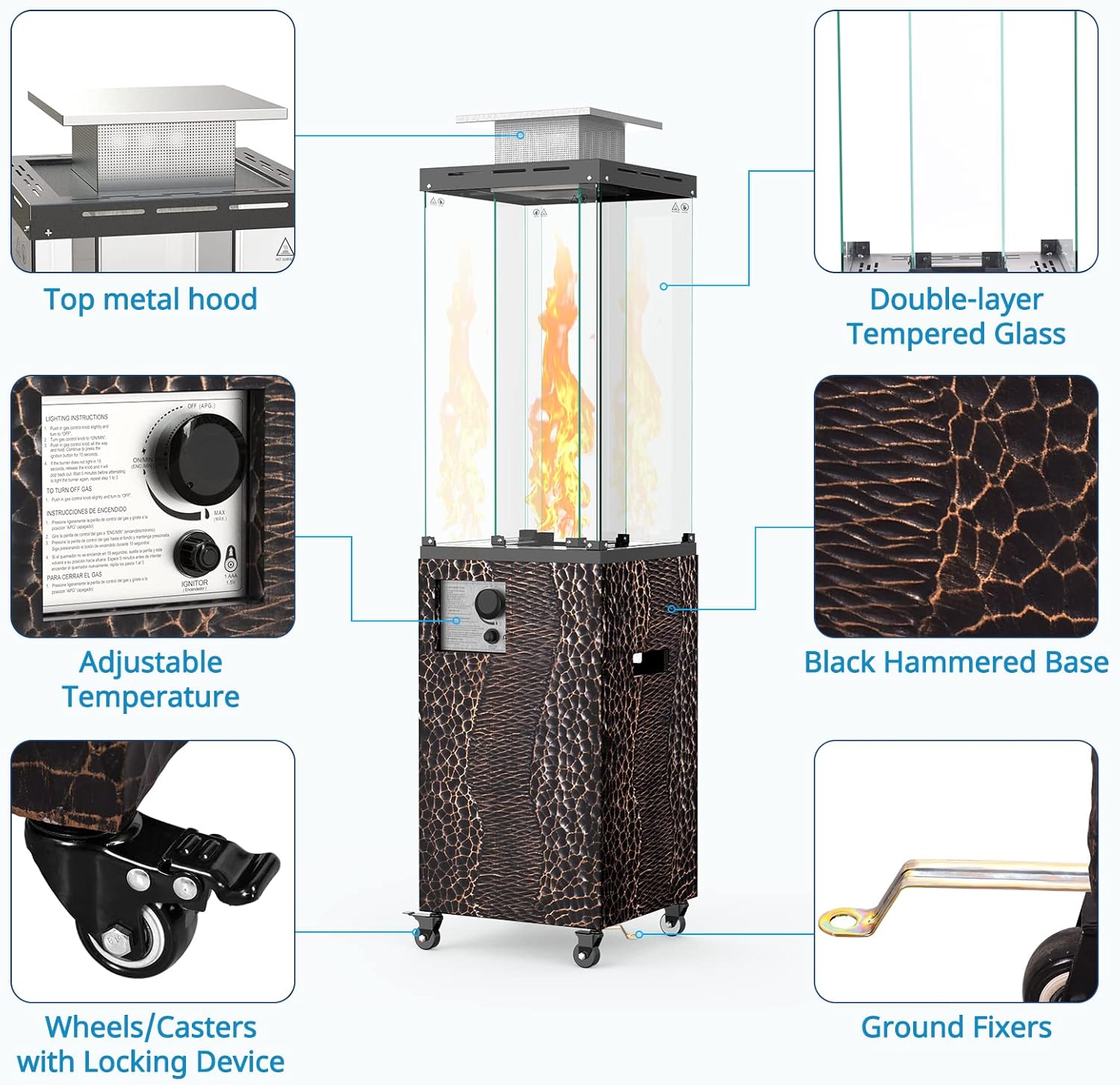 OTSUN 56'' Outdoor Patio Heater, Propane Heater with Wheels, Metal hood, Weather Cover, 201 Double Tempered glass, 41000 BTU with CSA Certification Gas Fireplace