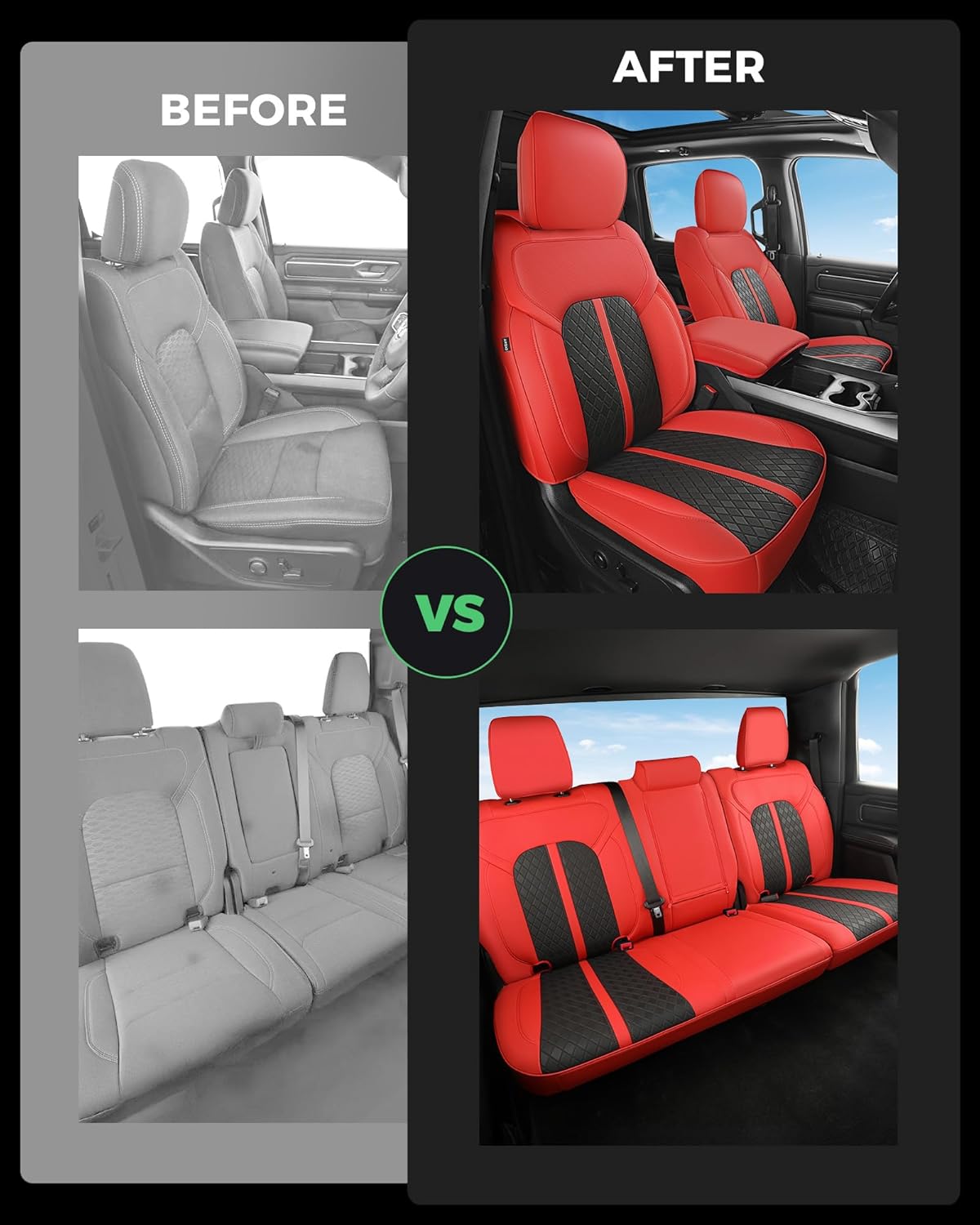for Dodge Ram Leather Seat Covers, 2019-2026 Crew Cab 1500 Big Horn Rebel Lone Star, Custom Truck Seat Cover Full Set, Pickup Protector Accessories, Red Black (40/60 Split Flat Bench)