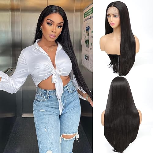 Miniatura 2 de X-TRESS Pelucas de encaje frontal HD de 28 pulgadas de largo para mujeres blancas y negras, densidad 180, sin pegamento, pelo de bebé previamente