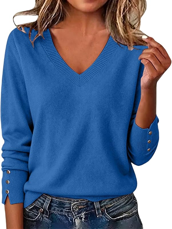 Womens V Neck Sweaters Casual Long Sleeve Lightweight Pullover