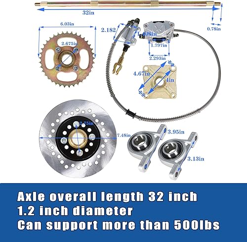Miniatura 10 de Kit de 32 ejes Go Kart de aleación con dados de freno + cilindro maestro de freno + piñón + cojinete de almohada + cadena + cubo de repuesto para