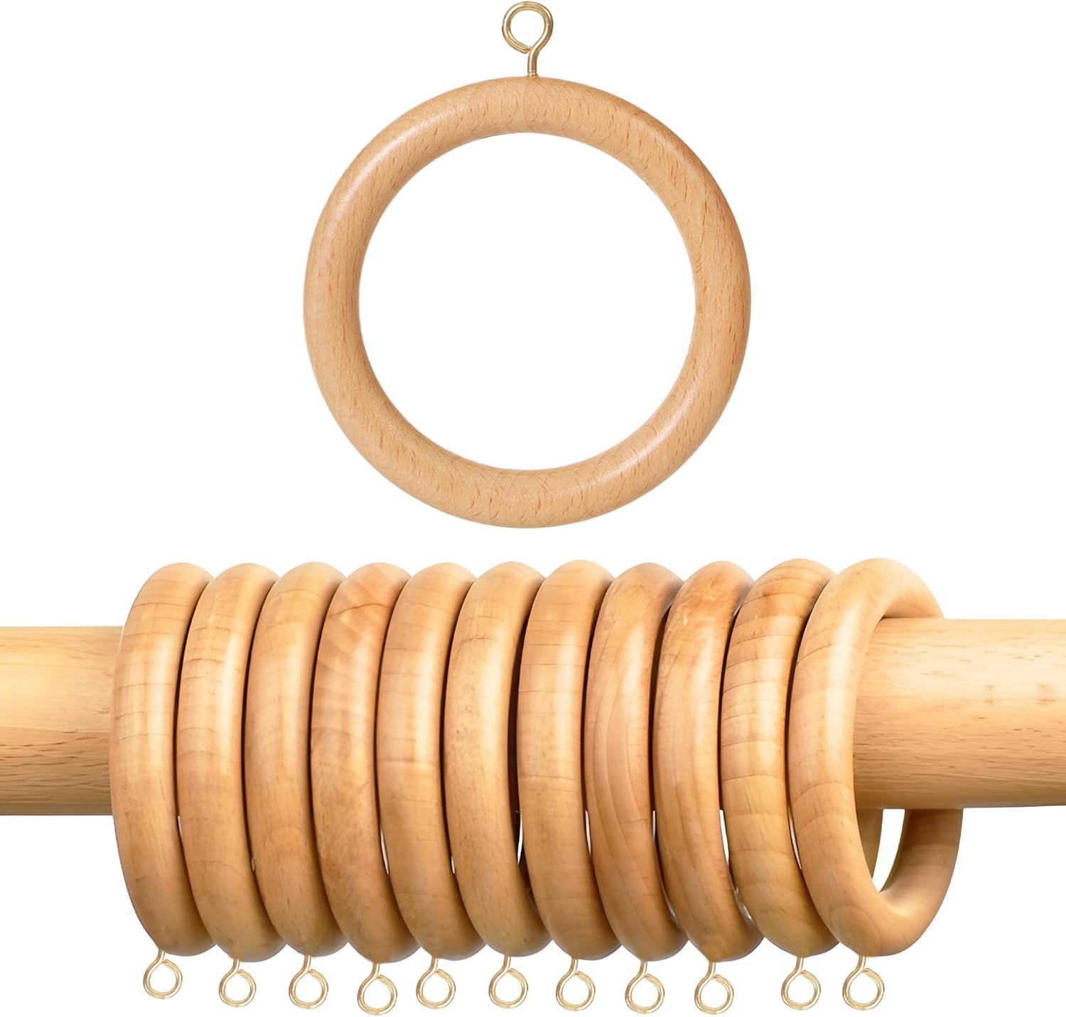 96 Pcs Wooden Drapery Rings for Curtain Rod with Metal Hooks – 3" Outer, 2.2''Inner Dia. – Beechwood Durable Wooden Drapery Rings for 1-1.5 inch Rod Pole – Pack of 96