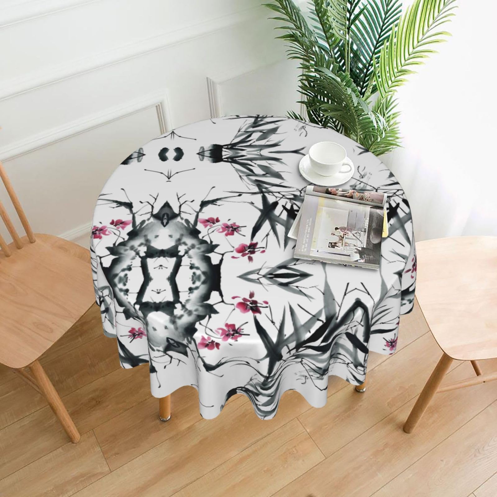 ZHAOUR Bamboo Cherry Blossom Print Round Washable Tablecloth – Table Cover