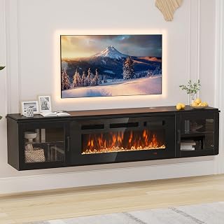 70" Floating TV Stand with 36" Electric Fireplace, High Gloss Finish Wall Mounted Fireplace Entertainment Center with Storage for TVs Up to 80", Fireplace TV Console with WI-FI Enabled,Black