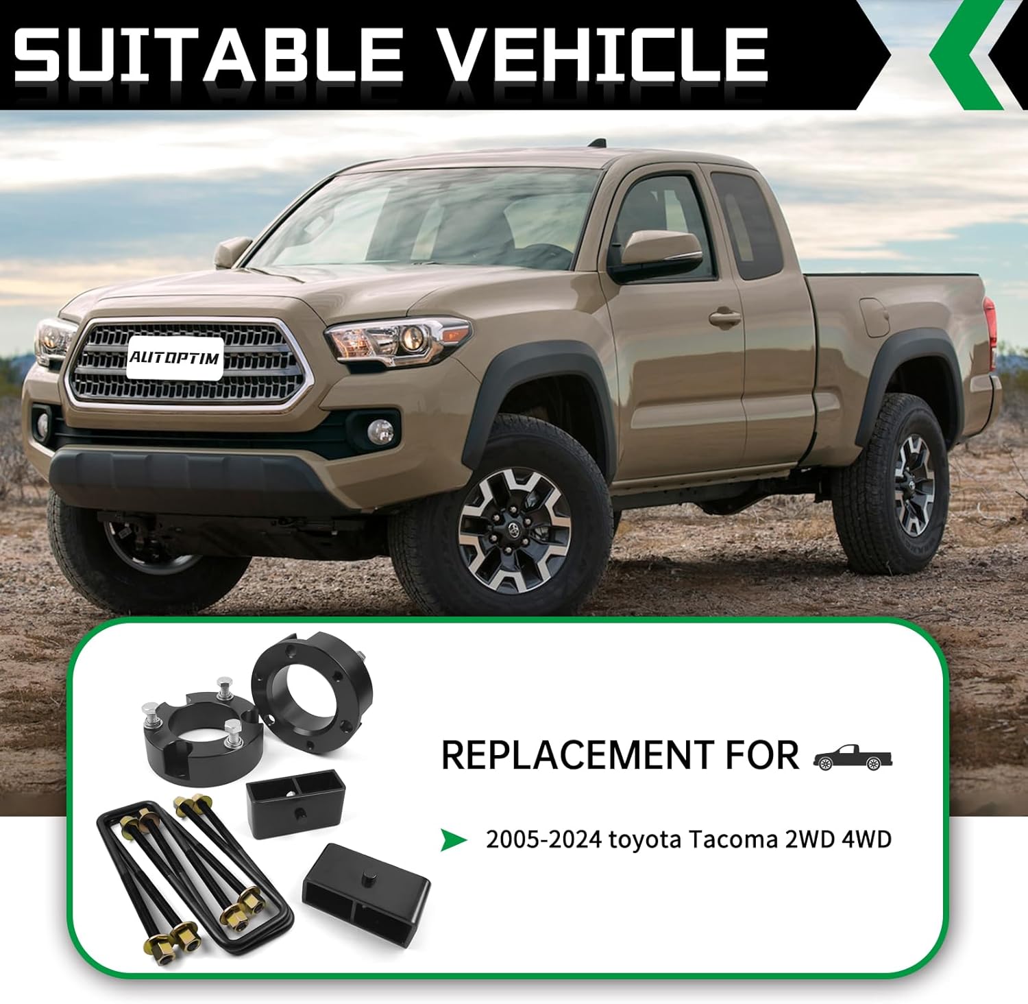 AUTOPTIM 3" Front and 2" Rear Leveling Lift Kit, Replacement for 2005-2023 Tacoma 2WD 4WD, 3 inch Front Strut Spacers and 2 inch Rear Lift Block with U Bolts Full Suspension Kits