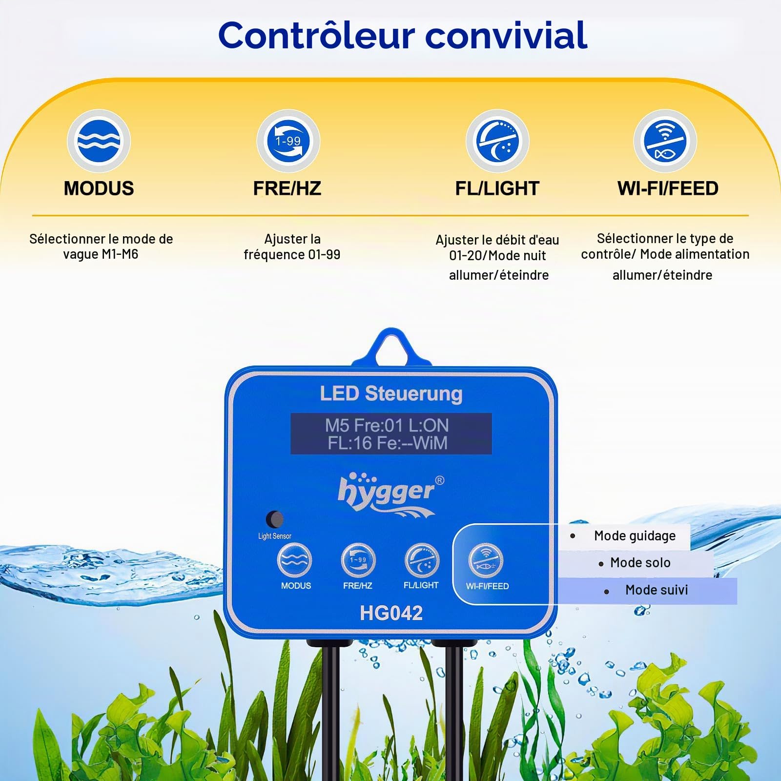 hygger 10W Pompe à Eau Pour Aquarium, 6 Modes D'onde, Débit D'eau Réglable, Générateur de Vagues, Avec Support Magnétique, Pour Aquariums d'Eau Douce et d'Eau de Mer, Tête de Récif de Corail