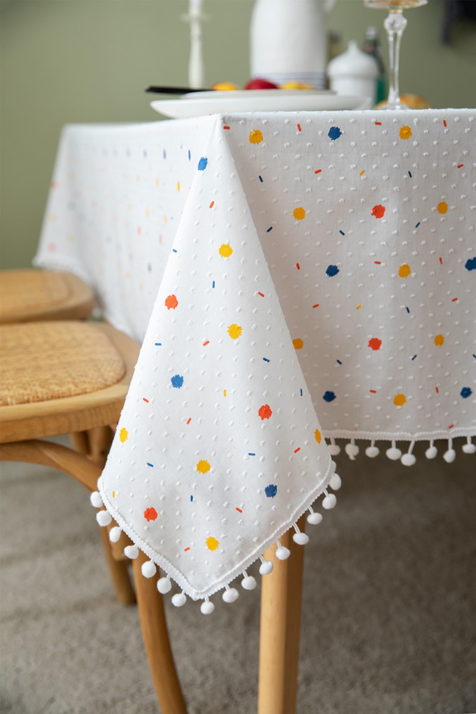 Daesar - Mantel Antimanchas Rectangular para Terraza,Mantel Algodón Lavado Patrón de Lunares con Pompones Manteles Antimanchas Blanco,140x220CM(87x55Inch)