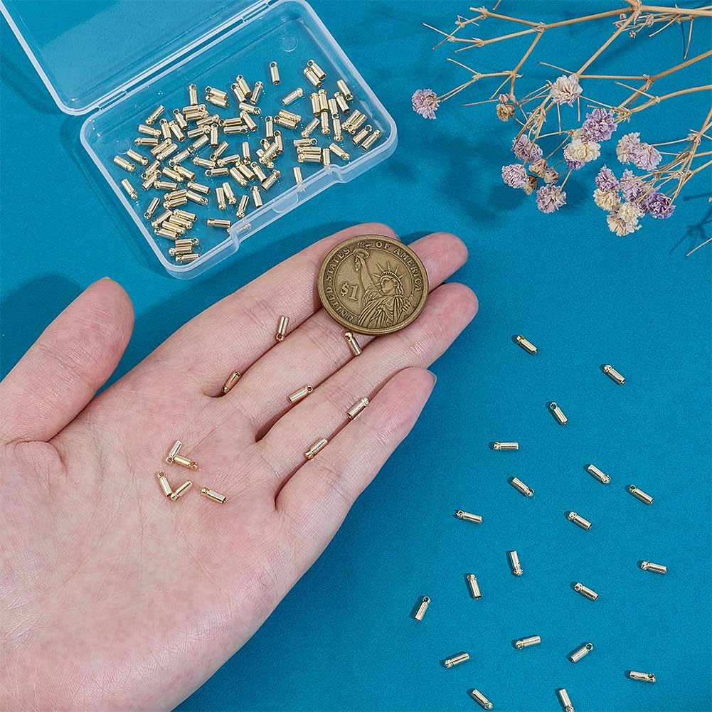 PH PandaHall 14K Gold Plated Cord End Caps 240pcs Thread Ends Caps 6mm Barrel End Cap Brass Tube Crimp Beads Rope Ends Tips Terminators for Leather Cord Tassels Bracelet Necklace Jewelry Making