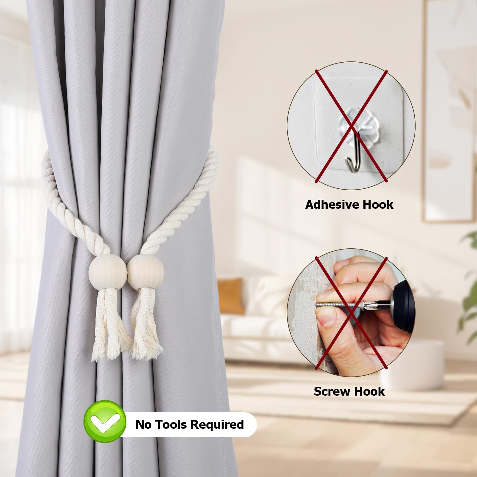 OTraki Lot de 4 Embrasse pour Rideaux Magnétique, Attaches Rideau en Coton tissé à la Main, Pince Rideau sans Percage pour Tous Types de Rideaux (Beige)