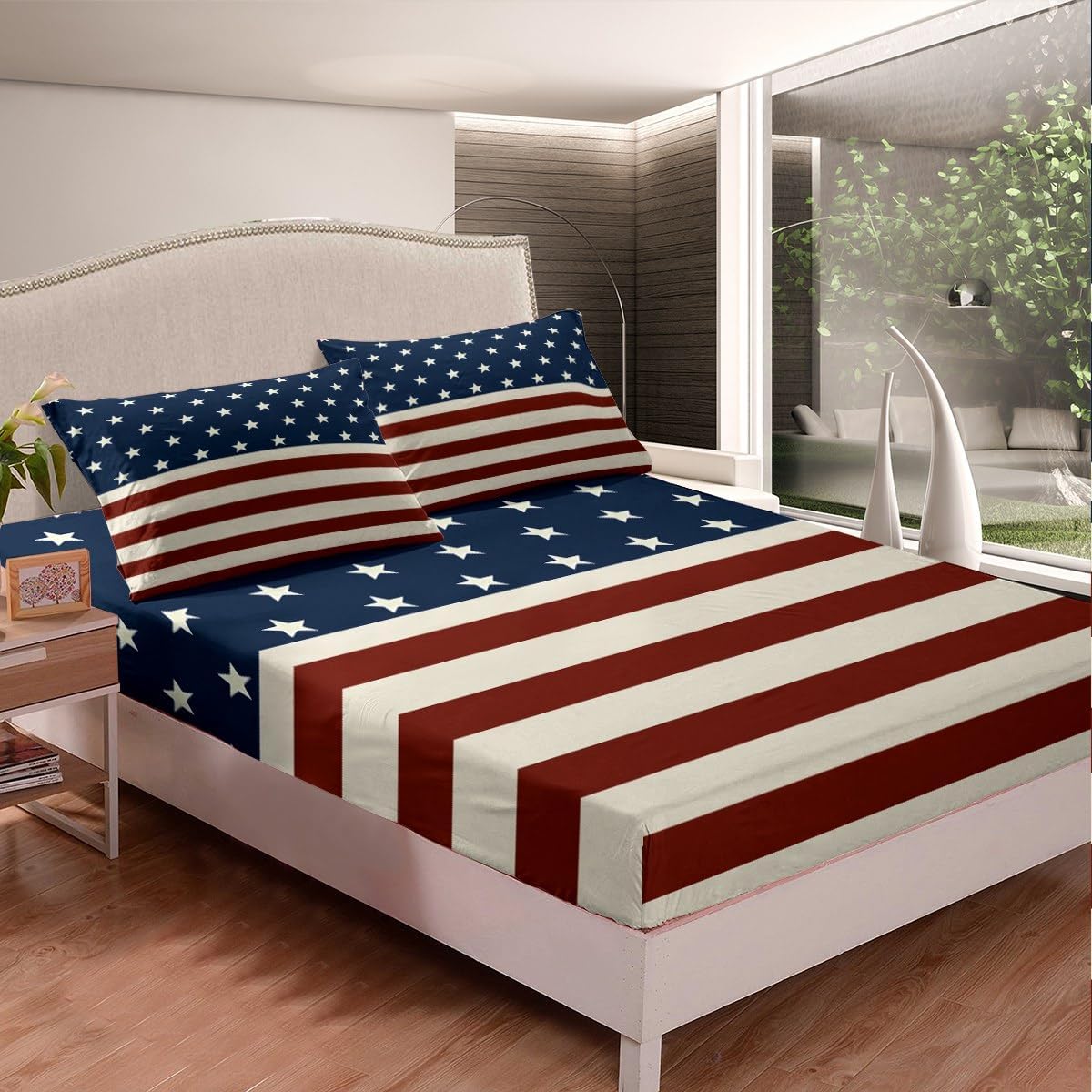 jejeloiu Boys Girls American Flag Bedding Set Queen Size, Wooden Planks Sheet Set Kids Patriotic Style Bed Sheets Set for Teens Bedroom Decor with 2 Pillow Case