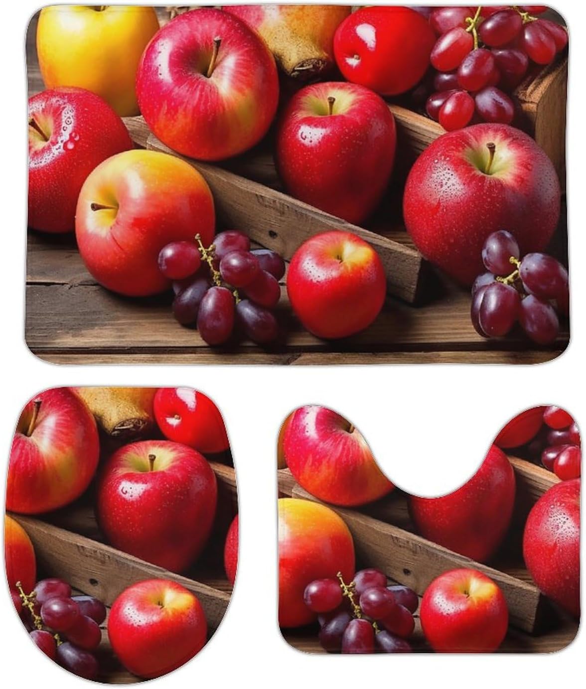 Anti-Skid Floor Mats 3 Piece Set,Fruits on Wood Printed Coral Fleece Bathroom Mats U-Shaped Contour Mat Toilet Seat Cover for Bathroom, Tub, Shower, Kitchen 19.7"x31.5"