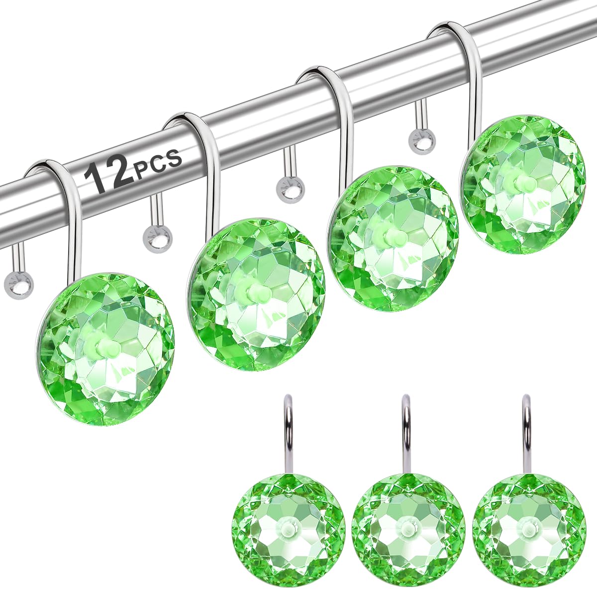 12PCS Shower Curtain Hooks Rings for Bathroom, Stainless Steel Rust Resistant Decorative Rhinestones Shower Curtain Rings Hangers for Shower Curtains, Clothing, Towels, etc. (Green) â image 1