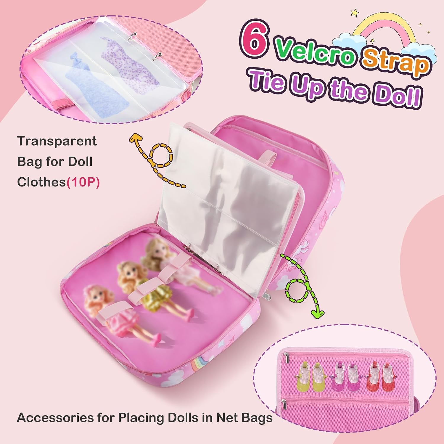 Doll Carrying Case Accessory Organizer Storage, Case to Hold Dolls and Clothes, Much Pocket for Doll’s Clothes, Accessories, Fits 6 Dolls & Accessories, Secure Straps Protect Dolls - Pink