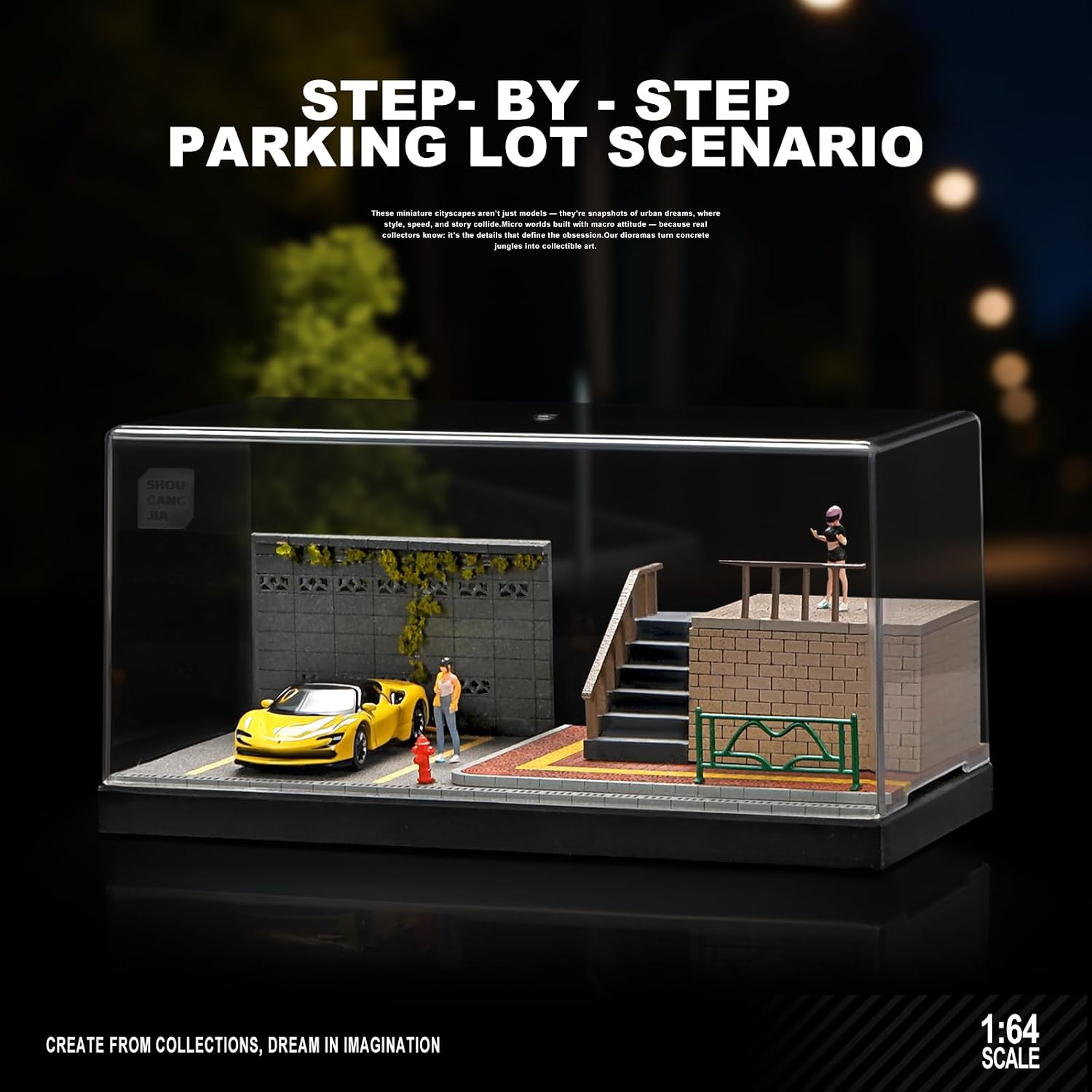 kivcmds Miniature Scenery Model for hot die-cast Wheels Cars, 1/64 Car Model Display Case, mini World Building Props（Medium） (Stairway Parking Lot)