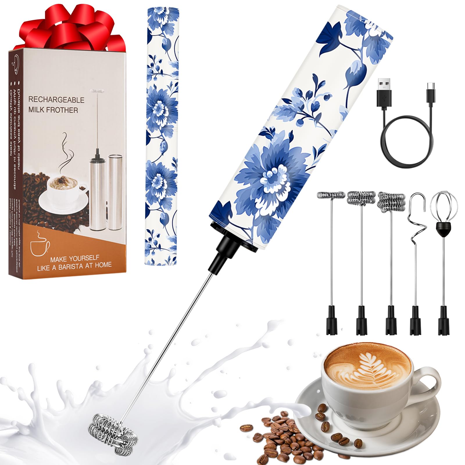 Milchschäumer Elektrisch USB-C mit 5 Wechselbaren Edelstahl-Schneebesen–2 Einstellbare Geschwindigkeiten (11.000/13.000 U/min), Wasserdichter Aufschäumer für Kaffee, Latte, Cappuccino, Matcha(Bunt 18)