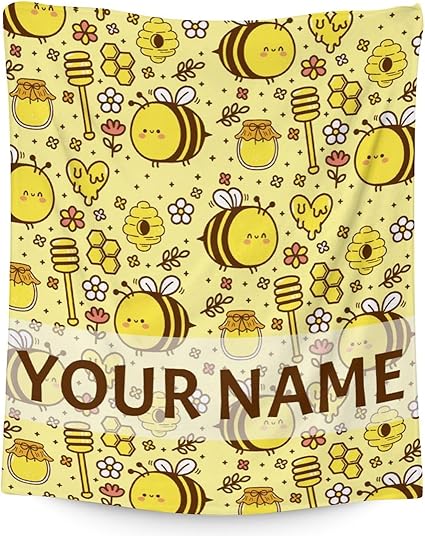 Personalized Bee Blanket Gifts, 60"x80" Cute Throw for Women Girls, Soft Cozy Warm Flannel Blanket for Sofa Bed
