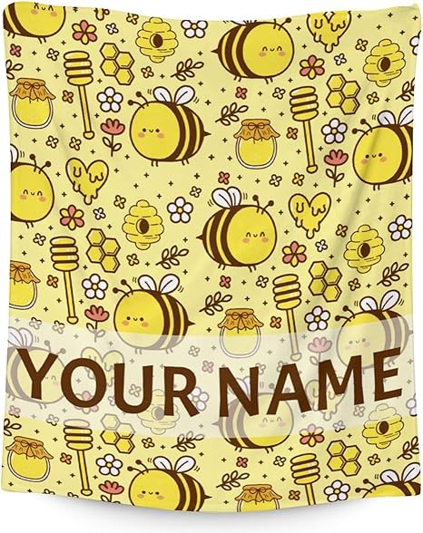 Personalized Bee Blanket Gifts, 60"x80" Cute Throw for Women Girls, Soft Cozy Warm Flannel Blanket for Sofa Bed