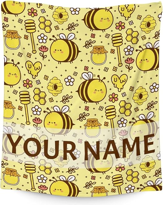 Personalized Bee Blanket Gifts, 60"x80" Cute Throw for Women Girls, Soft Cozy Warm Flannel Blanket for Sofa Bed
