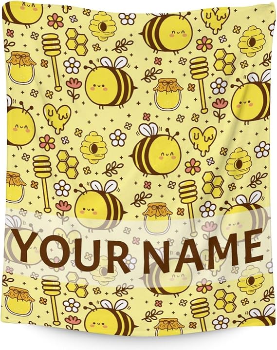 Personalized Bee Blanket Gifts, 60"x80" Cute Throw for Women Girls, Soft Cozy Warm Flannel Blanket for Sofa Bed
