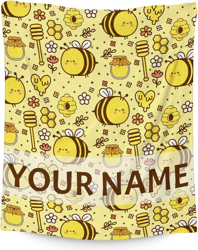 Personalized Bee Blanket Gifts, 60"x80" Cute Throw for Women Girls, Soft Cozy Warm Flannel Blanket for Sofa Bed