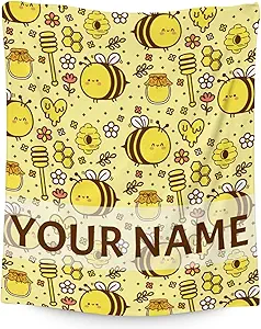 Personalized Bee Blanket Gifts, 60"x80" Cute Throw for Women Girls, Soft Cozy Warm Flannel Blanket for Sofa Bed