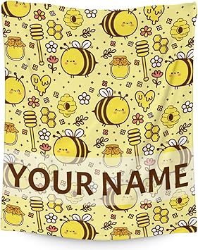 Personalized Bee Blanket Gifts, 60"x80" Cute Throw for Women Girls, Soft Cozy Warm Flannel Blanket for Sofa Bed