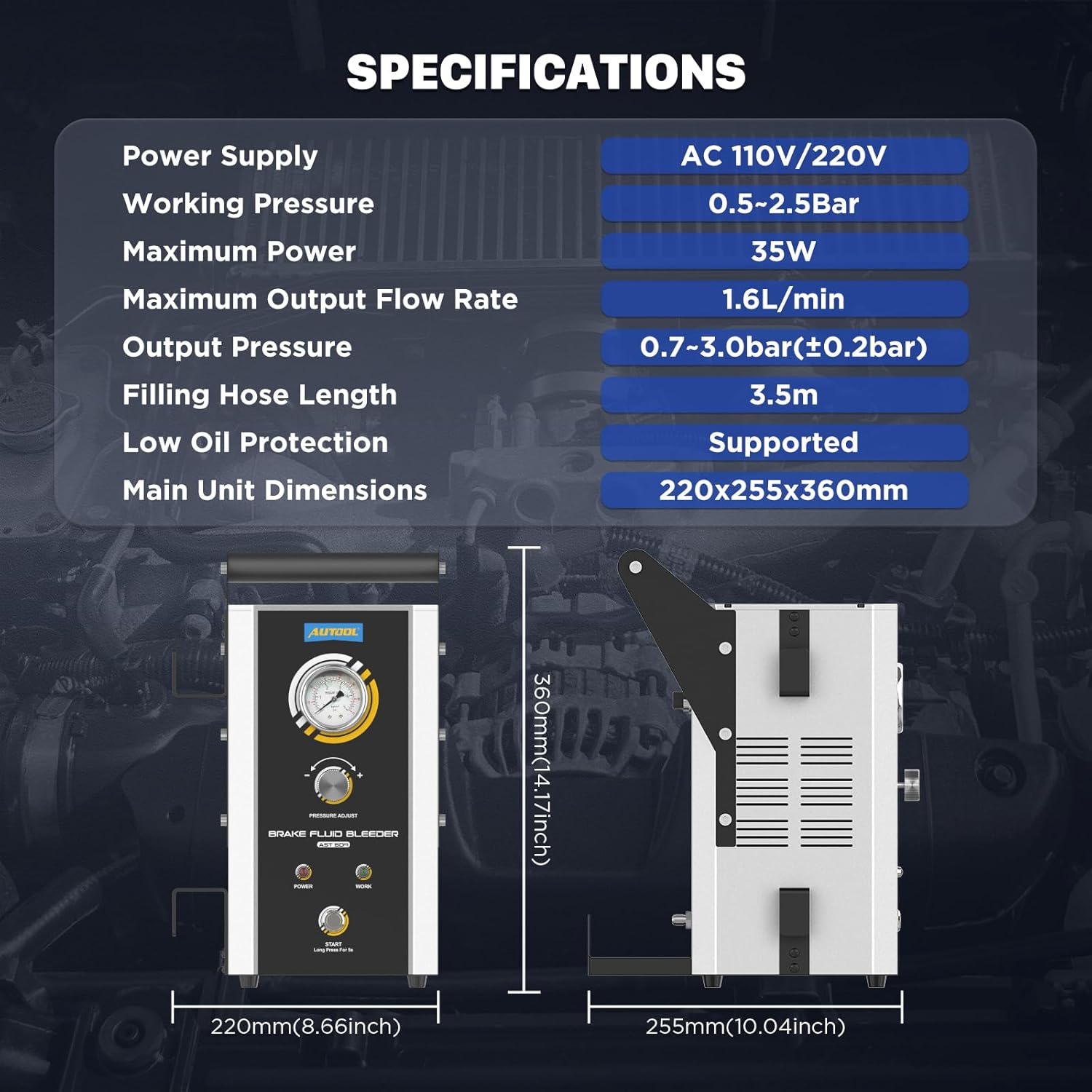 AUTOOL Brake Bleeder Kit Automotive, Brake Fluid Bleeder Kit, Vacuum Brake Pressure Exchange Machine 0.7-3.0bar, Automatic Pulsating Power Brake Bleeder One Person 7 Adapters