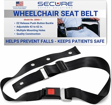 Secure SBNA-1 Quick Release Wheelchair Seat Belt Safety Harness, Black - Adjustable up to 62" | Seat Belt Safety Harness, Quick Release Push-Button Metal Buckle, Long Waist Lap Strap for Elderly, M/N SBNA-1