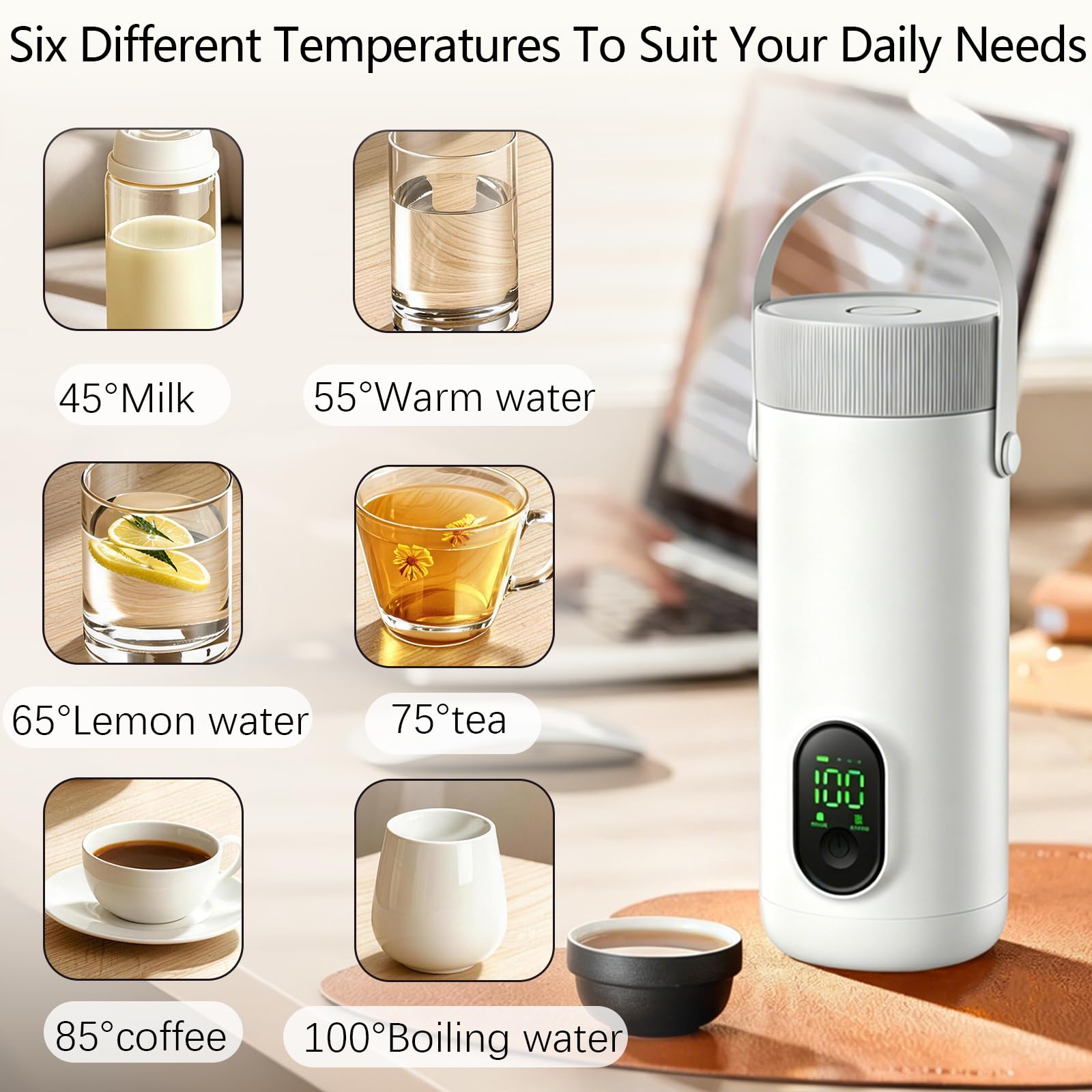 Hervidor Eléctrico Portátil, 500ml Pequeño Hervidor de Agua Eléctrico, 6 Ajustes de Temperatura, Acero Inoxidable 304, Calentamiento Rápido en 15 Minutos, para Hacer Leche Café Té