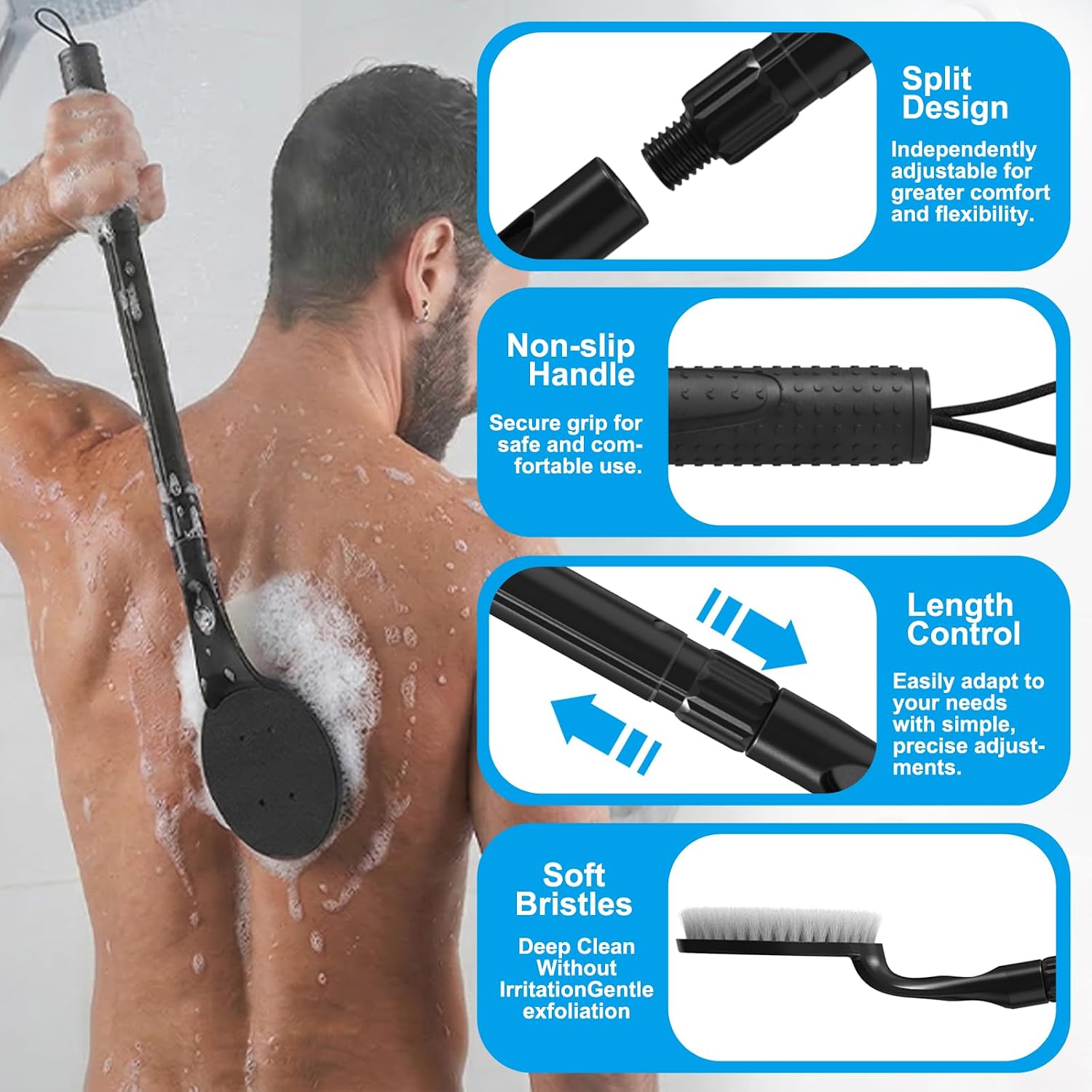 Back Scrubber for Shower, 25.7” Telescopic Anti-Slip Bath Brush for Exfoliating & Deep Cleaning, Ideal for Elderly, Disabled & Limited Mobility image 2