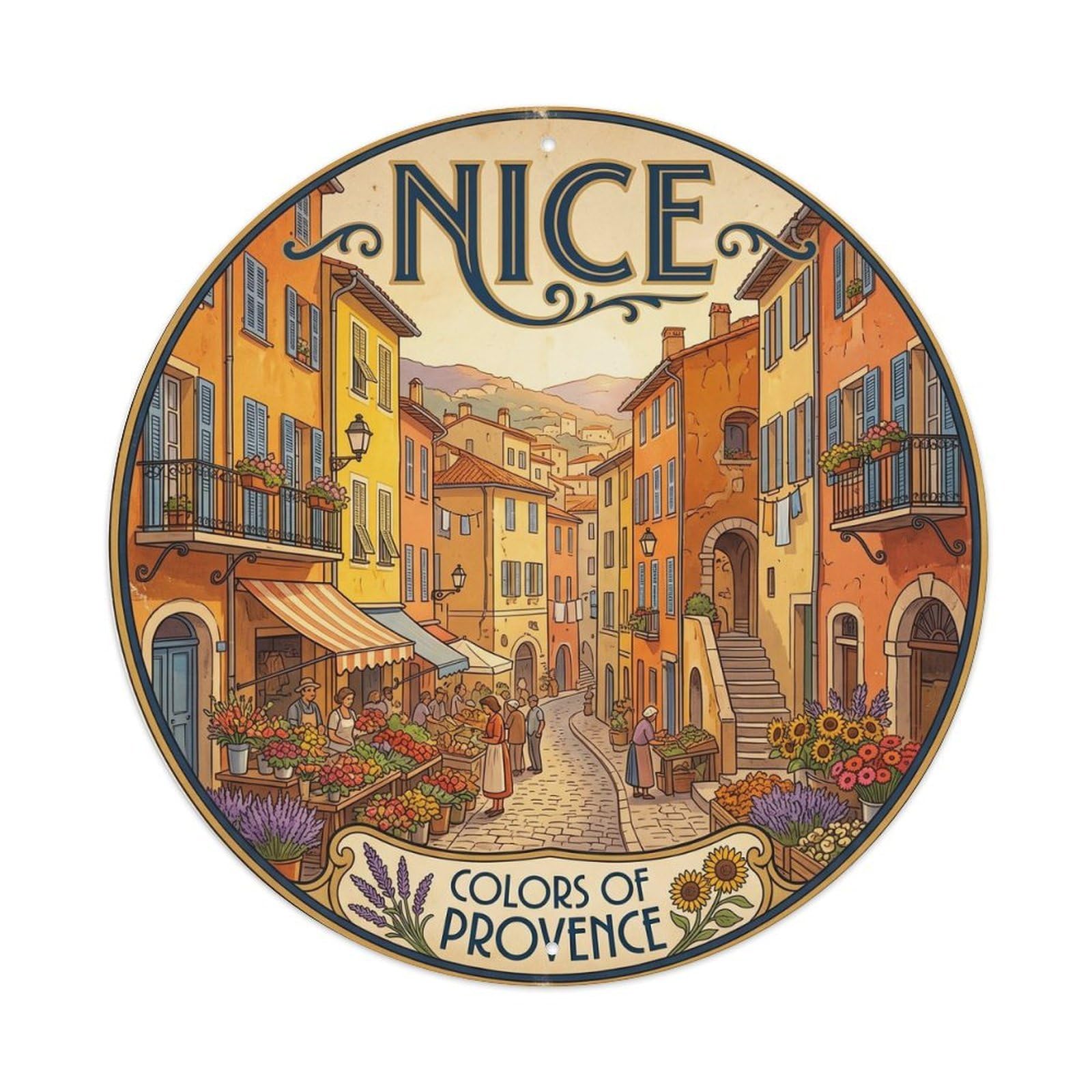 Cmhok Vintage Style Vintage Travel Nice France Oldtown Metal Tin Sign Plaque Wall Decor For Cafe, Club, Garden Round Metal Poster 8X8inch