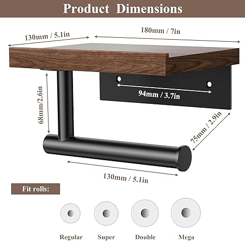 Miniatura 3 de Tindbea Portarrollos de papel higiénico con estante de madera, soporte de rollo de papel higiénico de madera para montaje en pared, accesorios de