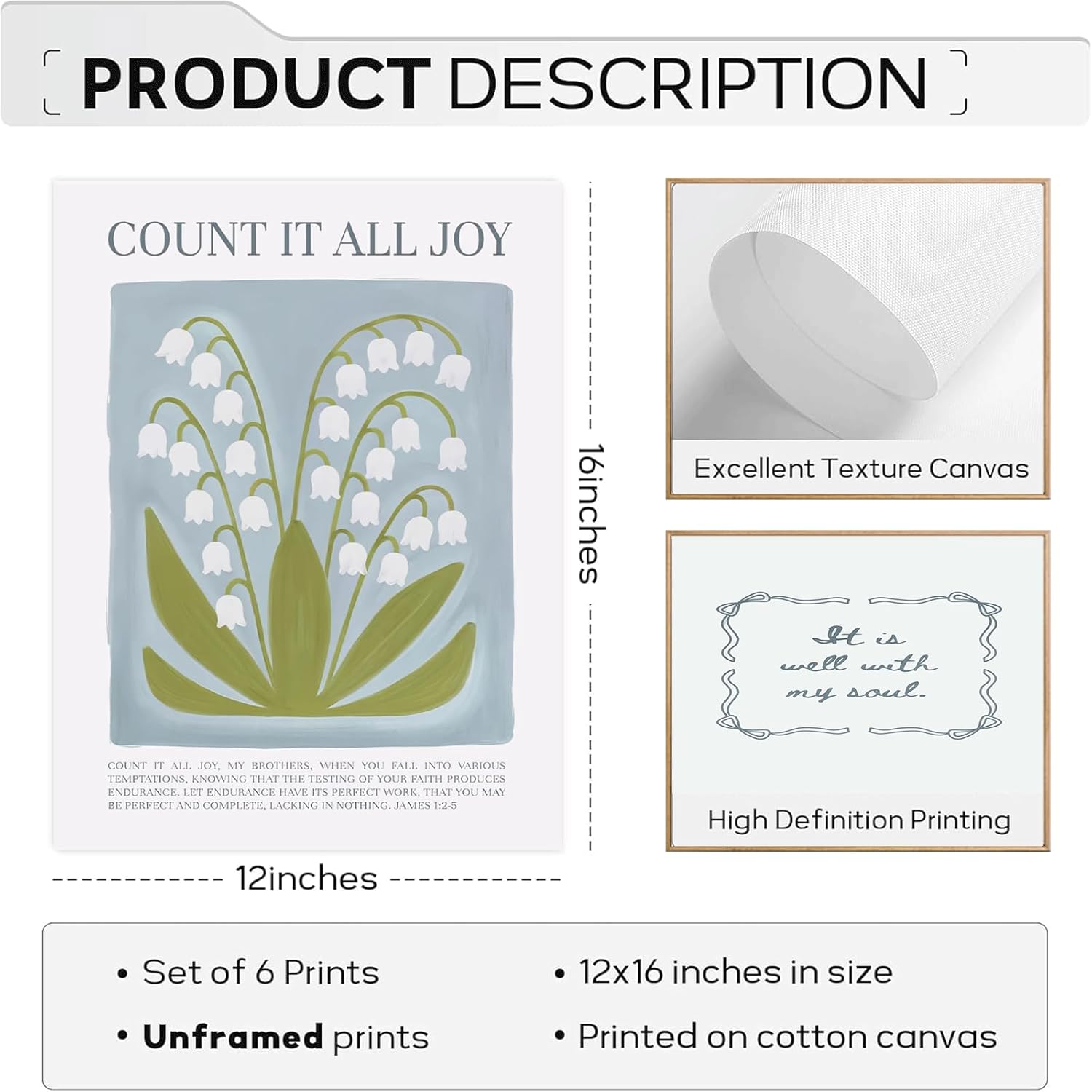 6Pcs Blue Christian Bible Verse Wall Art Psalm Scripture Quotes Floral Paintings Pictures Wall Decor Religious Trendy Preppy Poster Printing Artwork for Room Living Room Bedroom Home Decoration