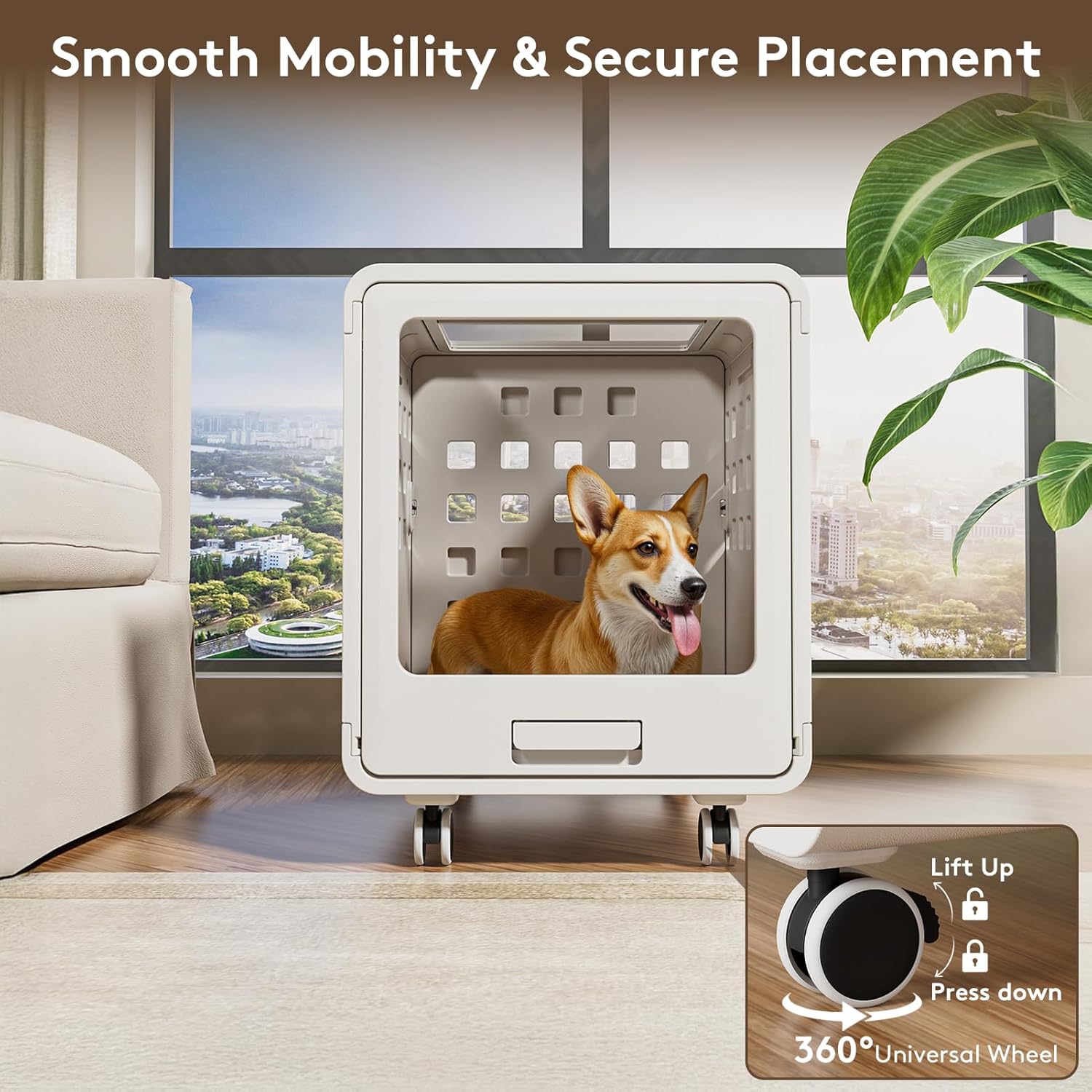 Acrylic Dog Crate, Puppy Dog Kennel Indoor with Wheels for Small/Medium Size Pet (White, White + Transparent)