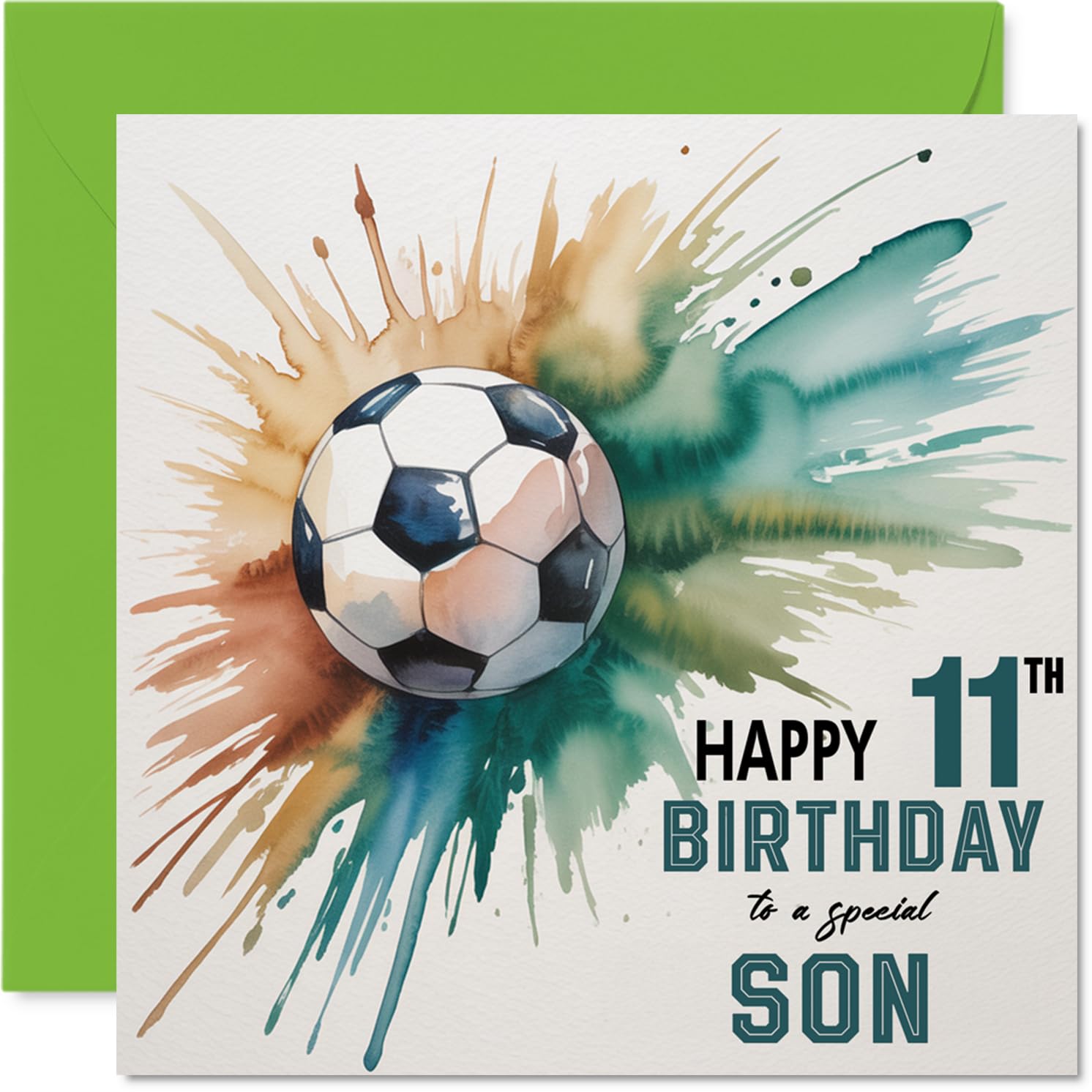 11th Birthday Cards for Son - Watercolour Football Splash - Happy Birthday Card for 11 Year Old Son from Dad Mum, 145mm Bday Greeting Cards