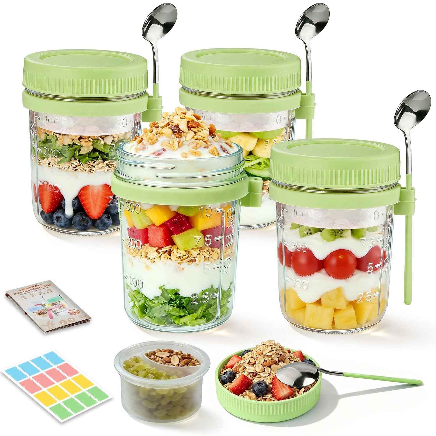 4 Pack Overnight Oats Containers with Lids and Spoons - 16 oz Glass Mason Jars with Dressing Cup, Over night Oat Jars for Meal Prep, Yogurt Parfait Cup for Chiaseed Sugar Packet Holders (Green)