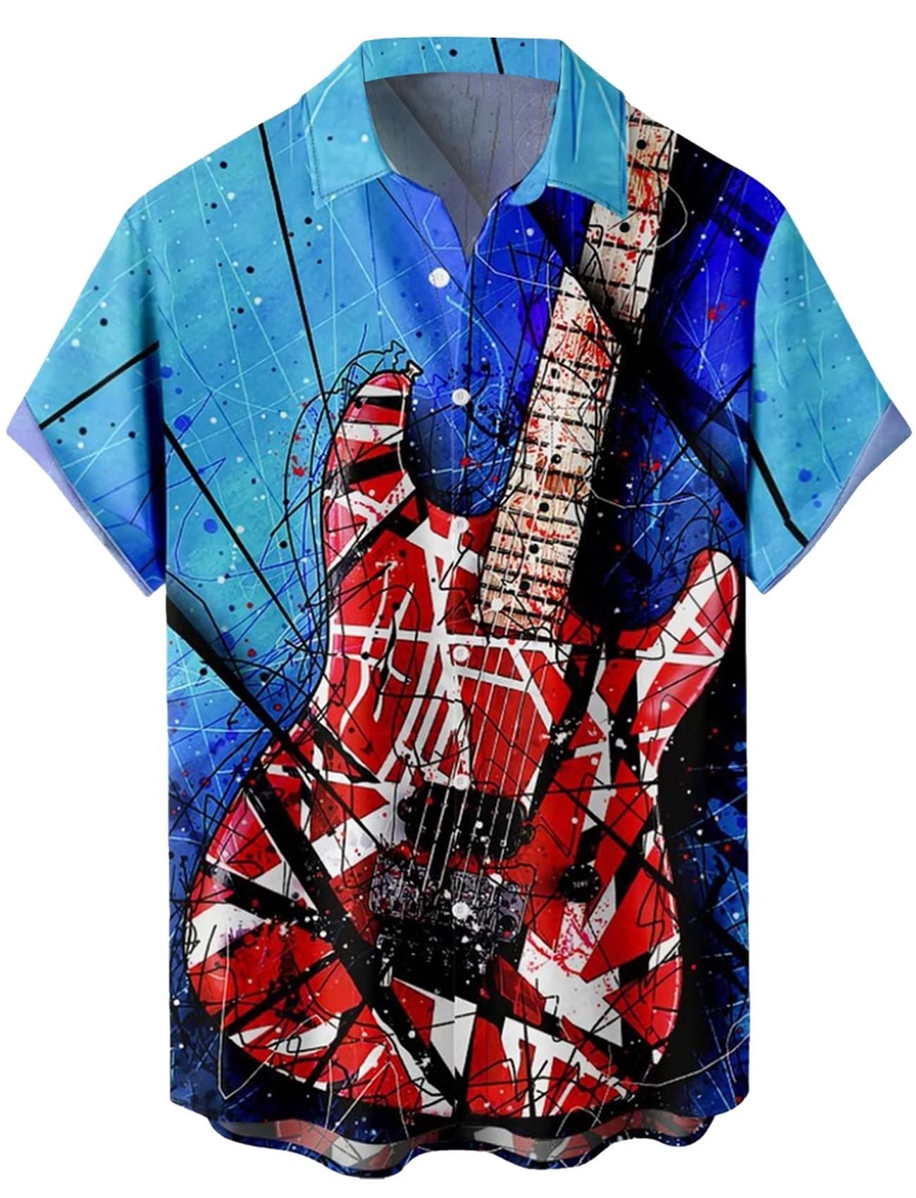 Men's Vintage Bowling Shirt 1950s Retro Rockabilly Style Short Sleeve Button Down Music Hawaiian Shirts, Guitar-line, 3XL