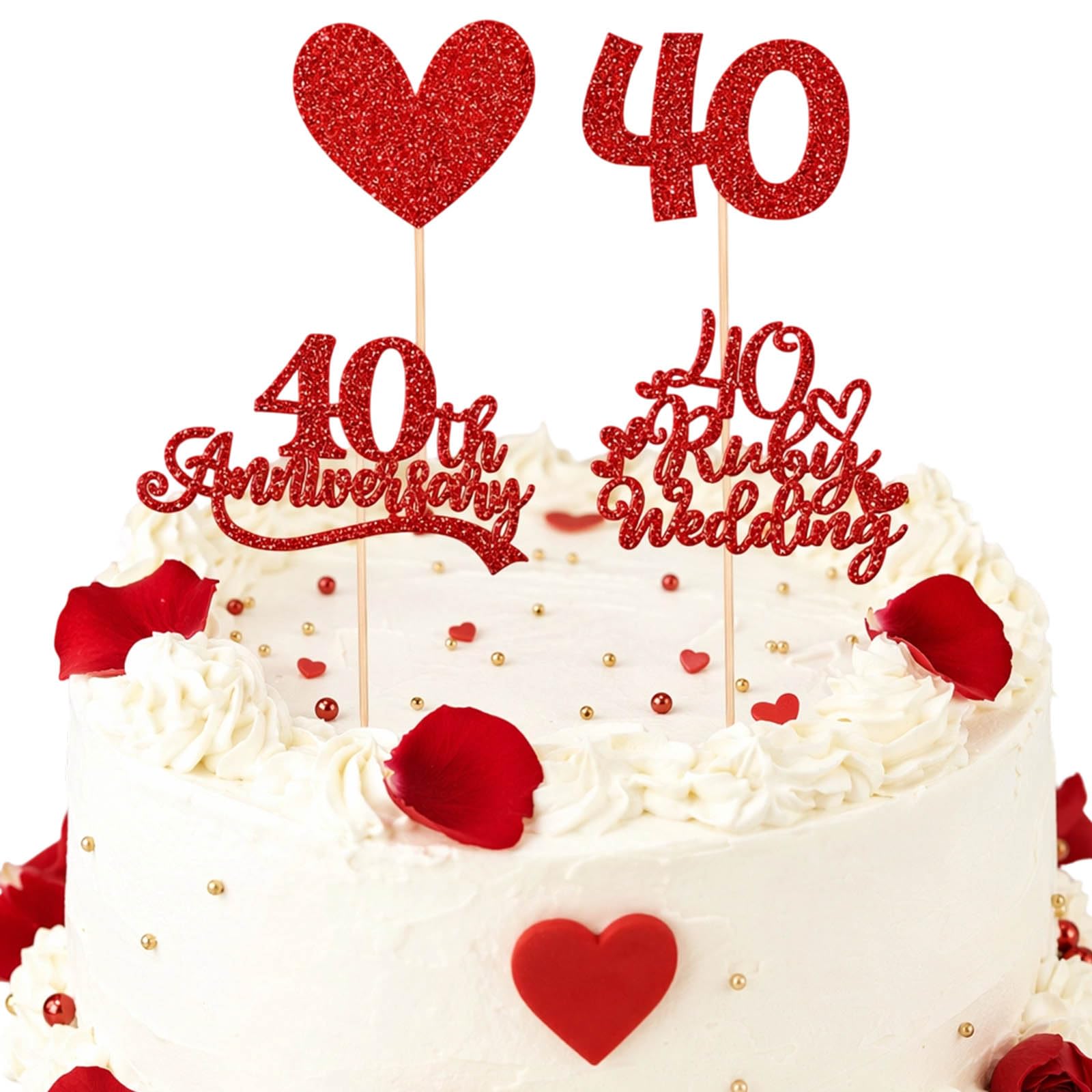 12-Piece Ruby Wedding Anniversary Decorations Set, 40th Anniversary Decorations, Glittery Cake Decorations with Love Heart Pick for Party Venue and Table Setting