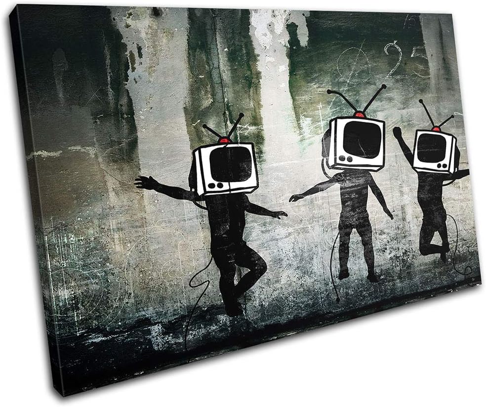 Bold Bloc Design - Graffiti Pop TV Heads Banksy Street 60x40cm Single Canvas Art Print Box Framed Picture Wall Hanging - Hand Made in The UK - Framed and Ready to Hang RC-6659(00B)-SG32-LO-B