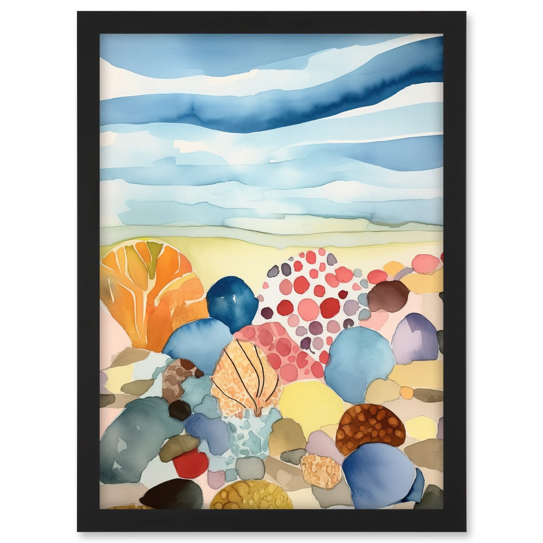 Artery8 Seaside Beachcombing Colourful Seashells And Beach Pebbles Watercolour Painting Artwork Framed A3 Wall Art Print