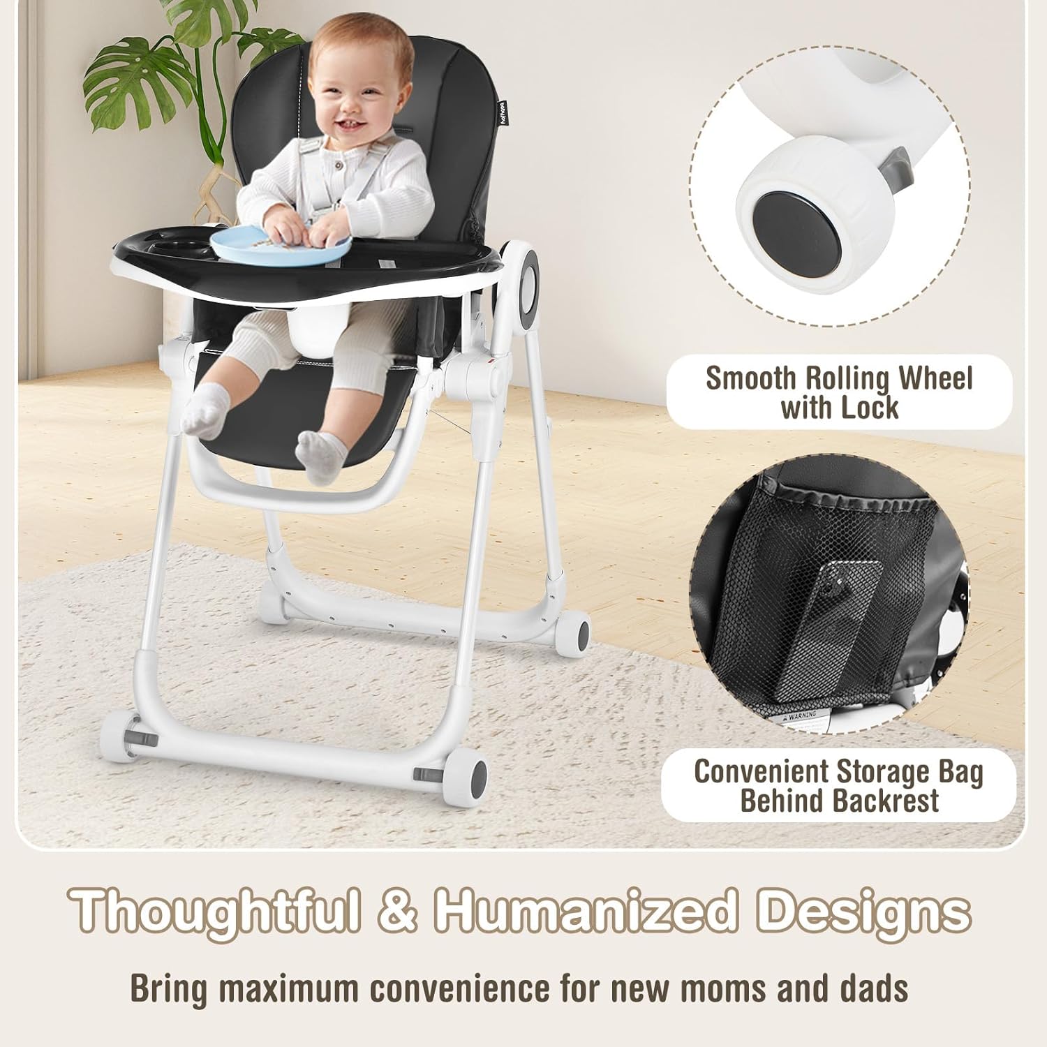 HONEY JOY High Chair with Wheels, Foldable Highchair for Babies & Toddlers, Adjustable Backrest/Footrest/Seat Height, Double Removable Trays, Detachable Seat Cushion for Boys Girls