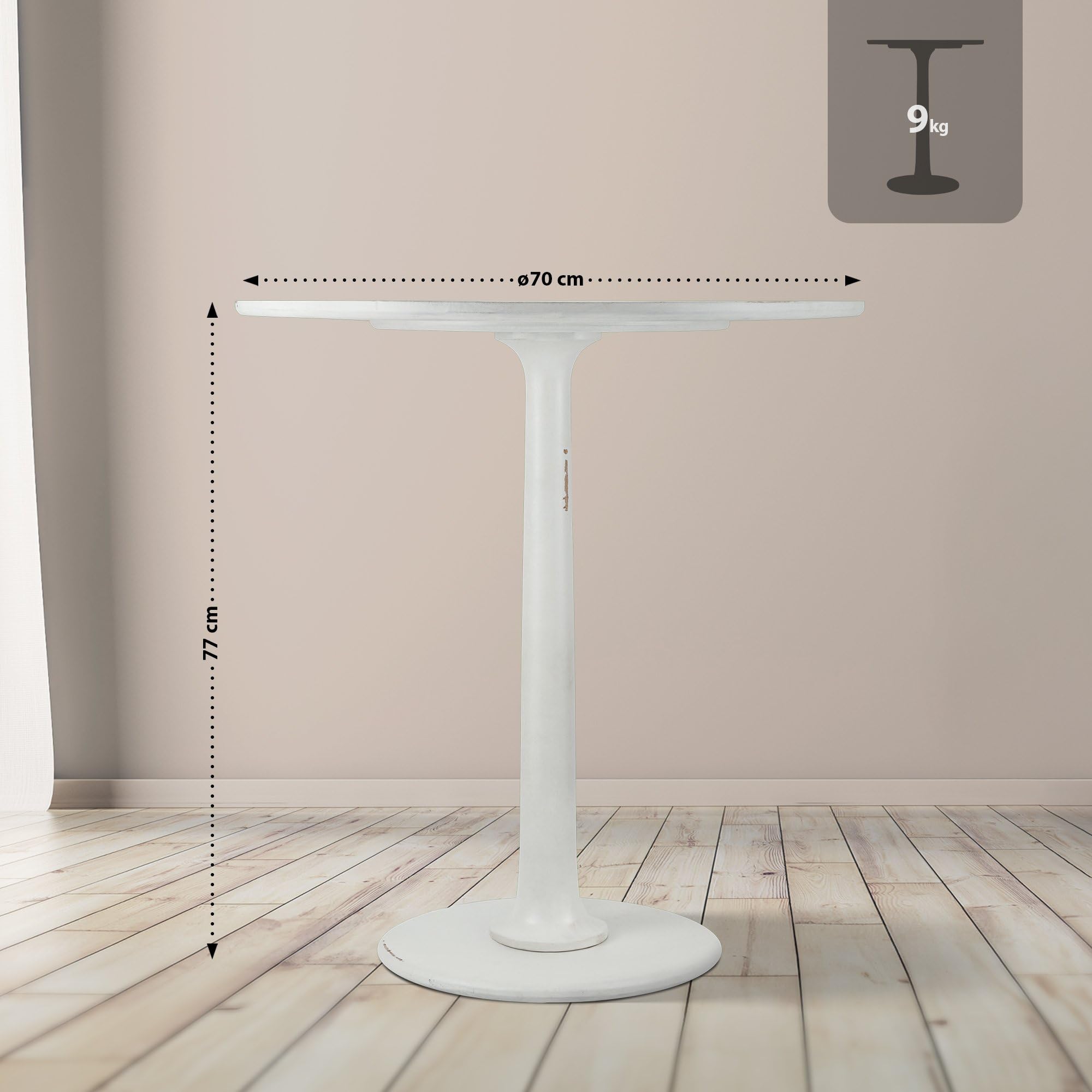 CLP Mesa Auxiliar Redonda Morristown, Mesa de Madera de Mindi Hecha a Mano, Mesa de Centro Maciza para salón y Comedor, Color:Blanco Envejecido