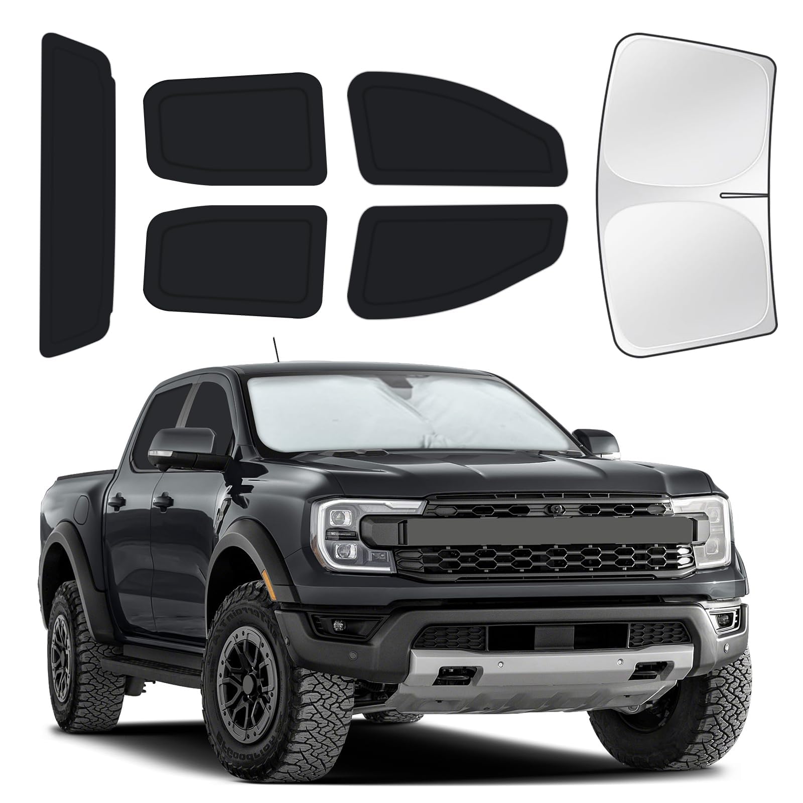 for Ford Ranger(4Door) 2019-2026 Car Window Shades, 6Pc Full Window Covers | Privacy Sun Shade Set for Front Windshield Side and Rear Windows, Keeps Vehicle Cool for Camping Napping